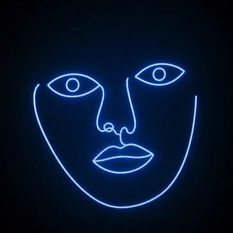 Neon blue line-art face on black — Need U