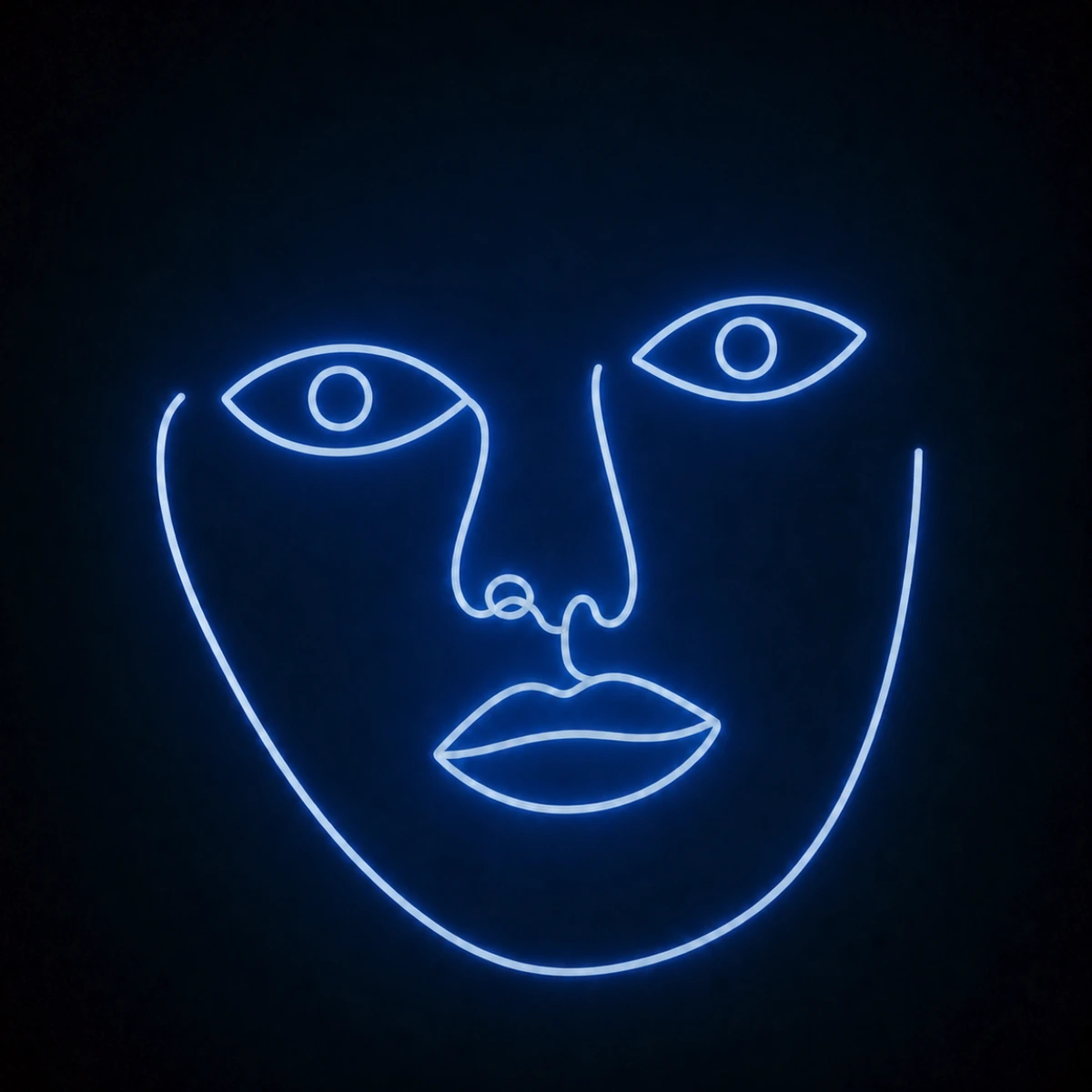 Neon blue line-art face on black — Need U