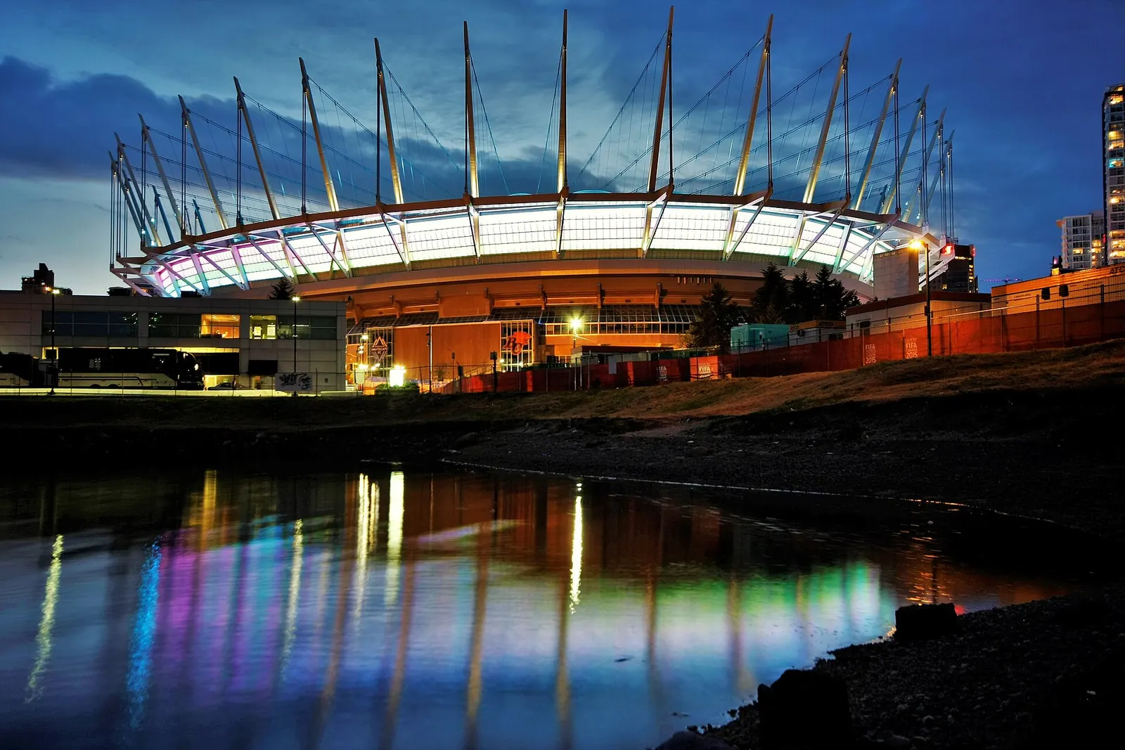 BC Place stadium in Vancouver, the roof and the plaza in daylight.