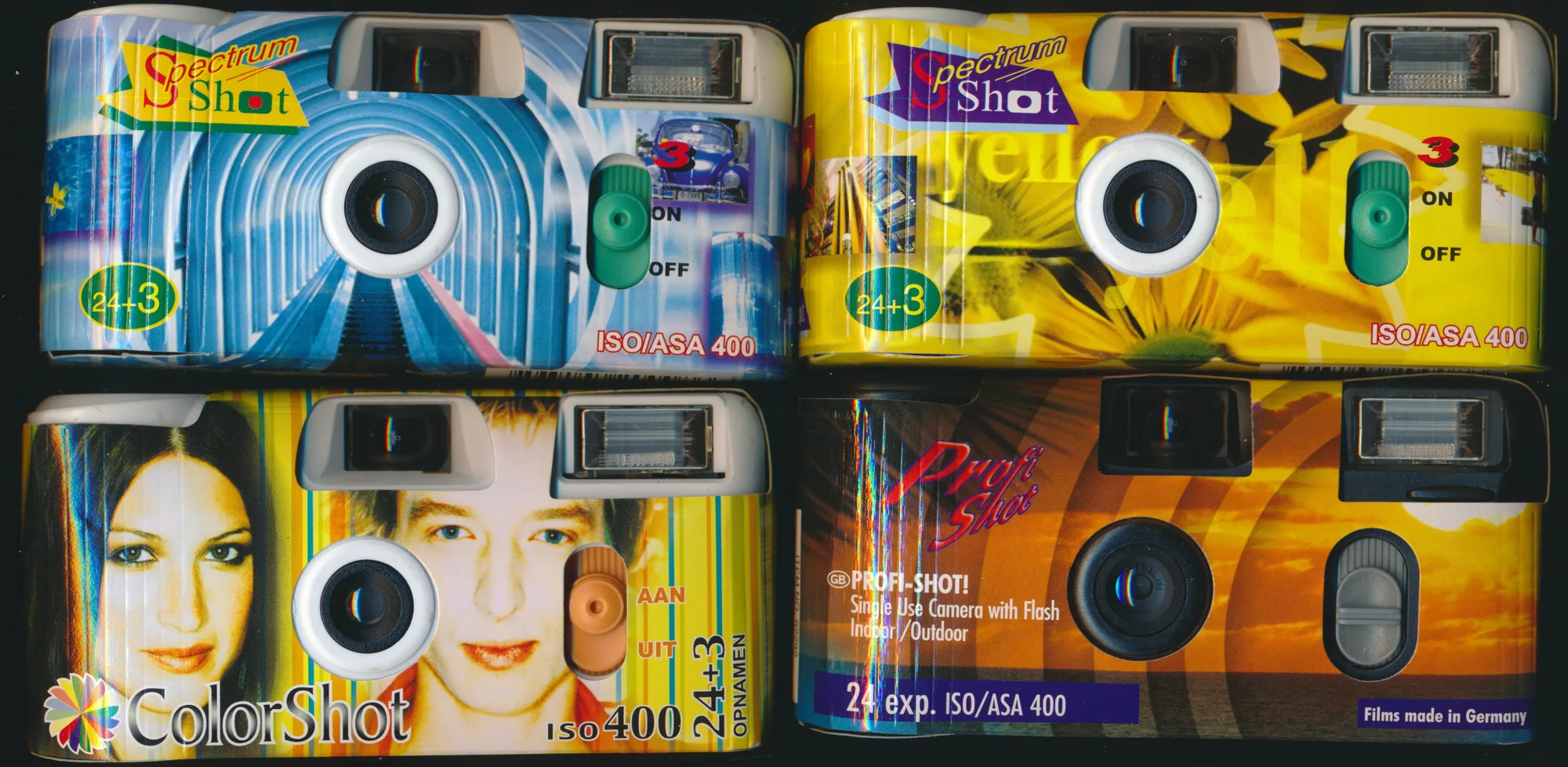 Four disposable film cameras with flash.
