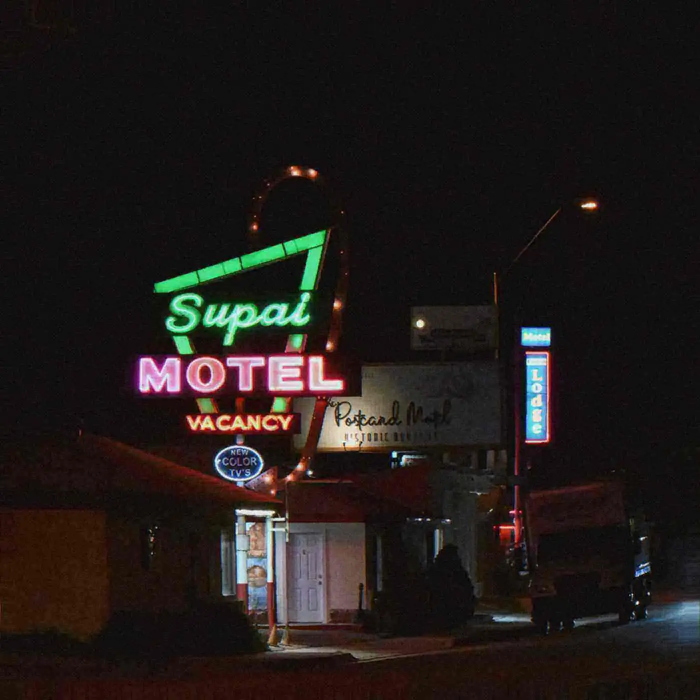 Supai Motel neon at night. Photo: G. Edward Johnson, CC BY 4.0.
