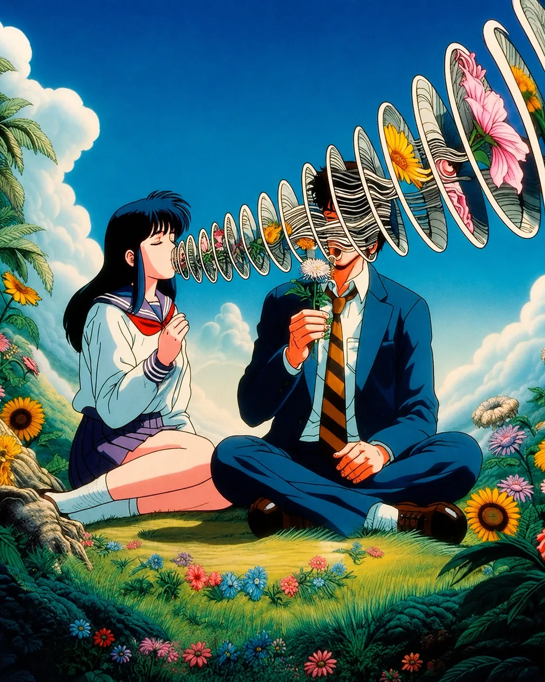 Surreal anime-style illustration of two figures in a flower field — Together