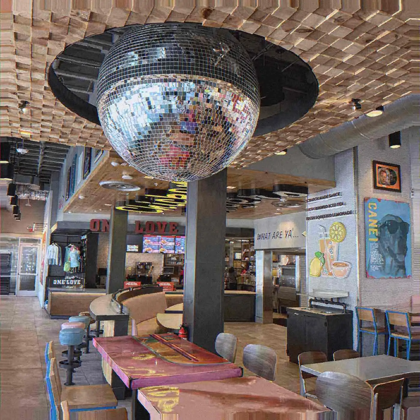 A disco ball on a ceiling. Photo: Phillip Pessar, CC BY 2.0.