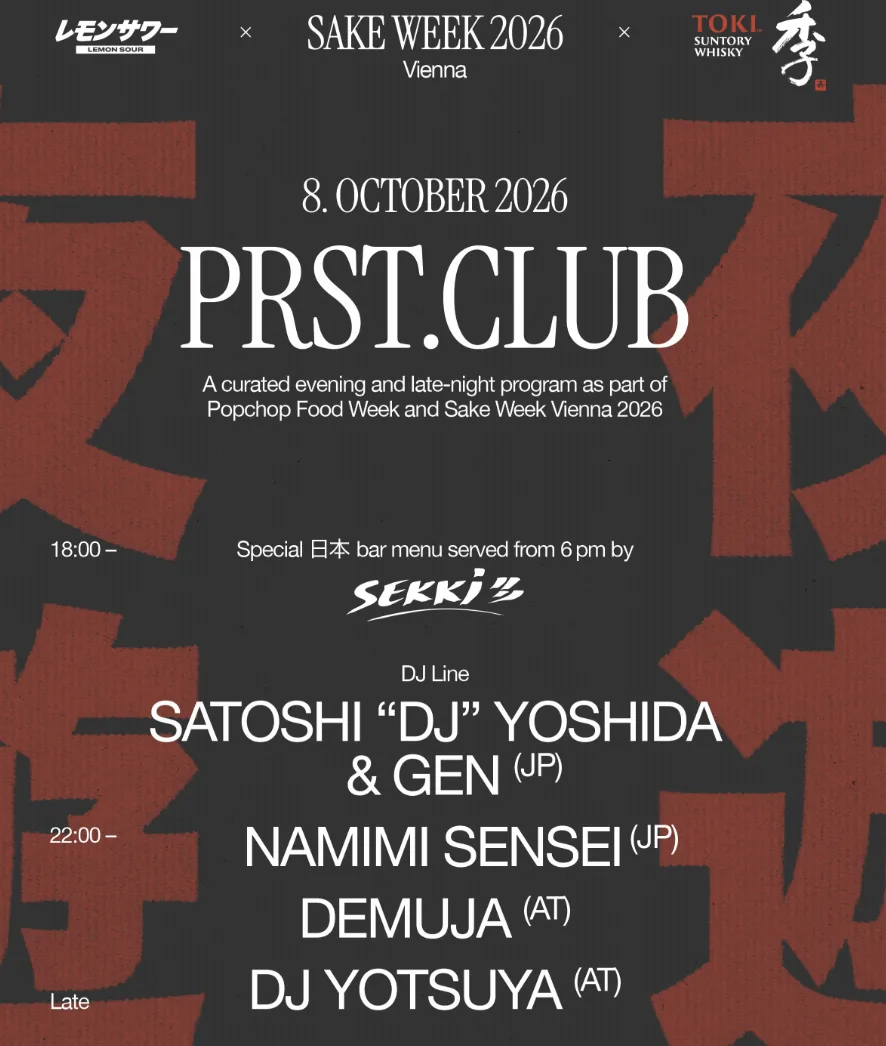 Flyer for PRST on 8 October 2026, Demuja billed from 22:00 with Namimi Sensei, Satoshi DJ Yoshida and Gen, and DJ Yotsuya.