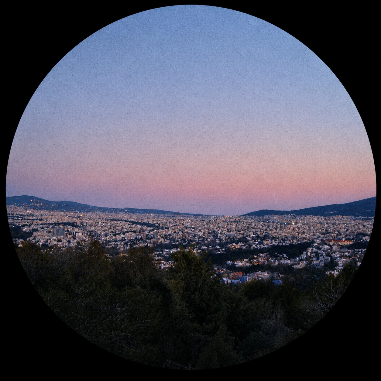 You Are (Love), circular dusk cityscape artwork
